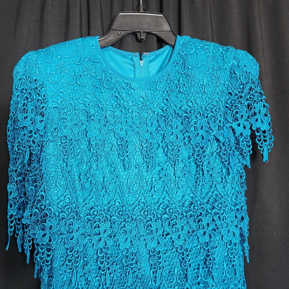 Cattiva Vintage Turquoise Blue Tiered Floral Guipure Lace Evening Gown 12 USA‎ - Picture 2 of 8